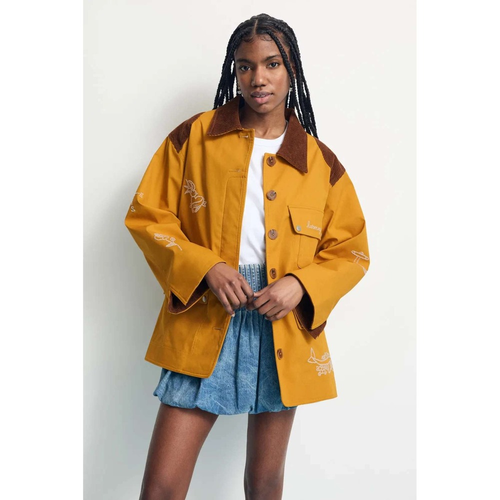 Sea New York Harmony Barn Jacket Mustard Yellow Corduroy Trim Embroidered XS